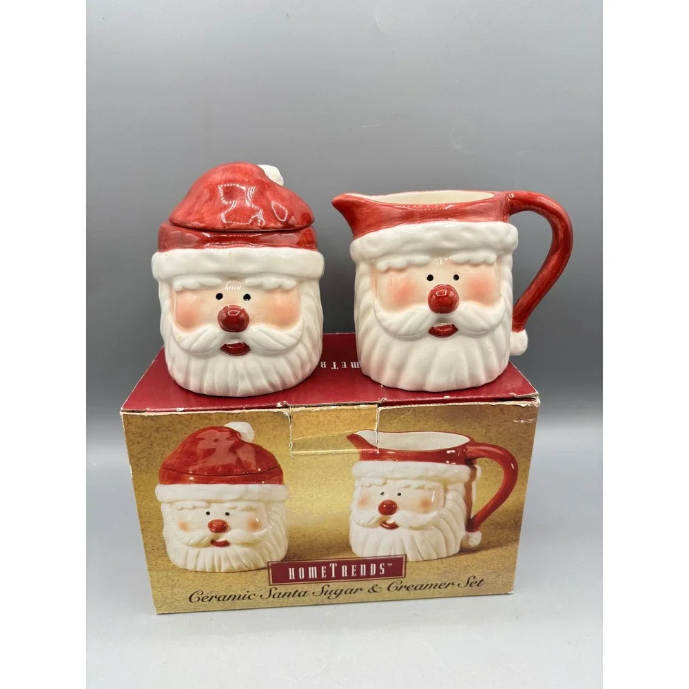 HomeTrends Ceramic Santa Sugar and Creamer Set Red White Holiday Tableware Boxed